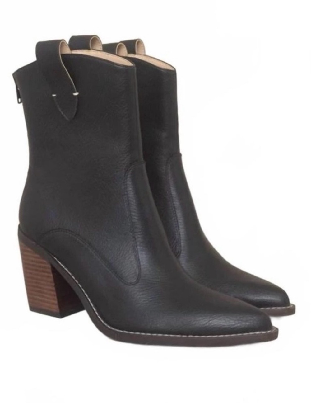 Black Leather Western-Style Ankle Boots with Block Heel